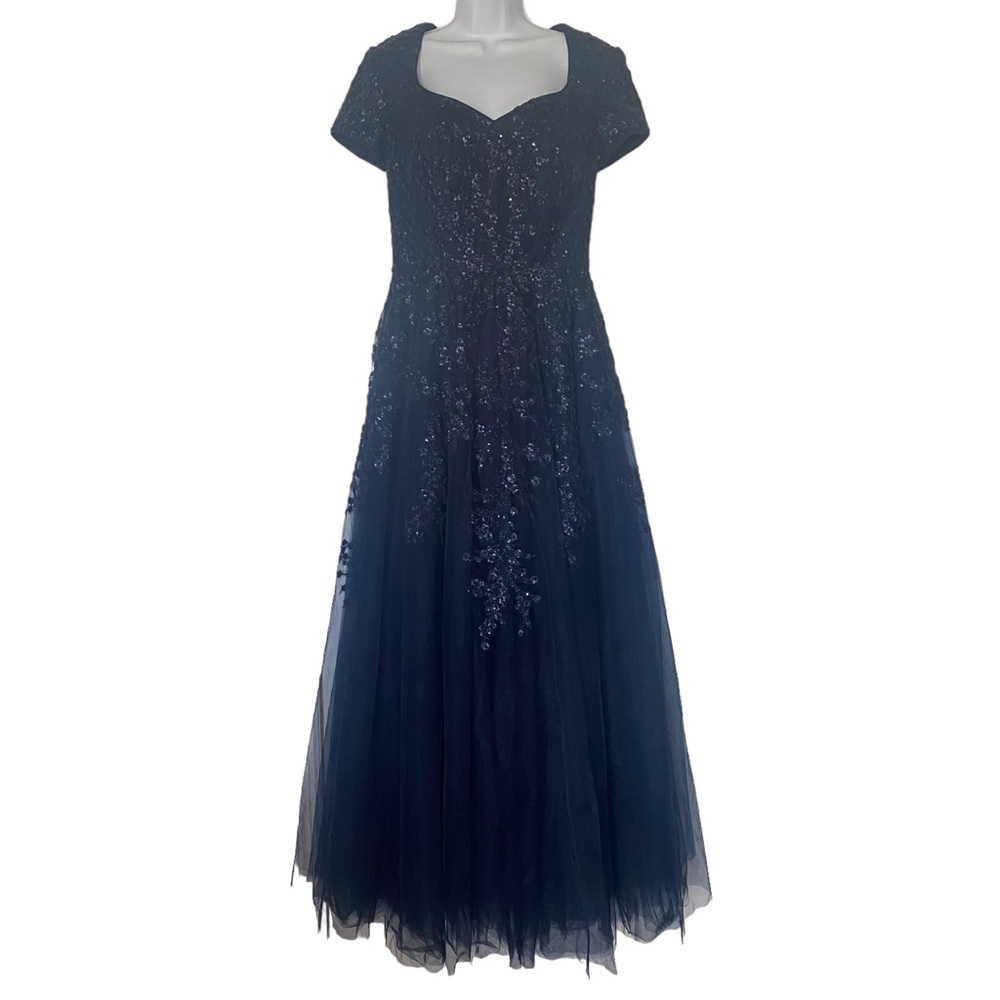 La Femme Embellished Tulle A-Line Floor Length Navy Blue Evening Dress Size 6